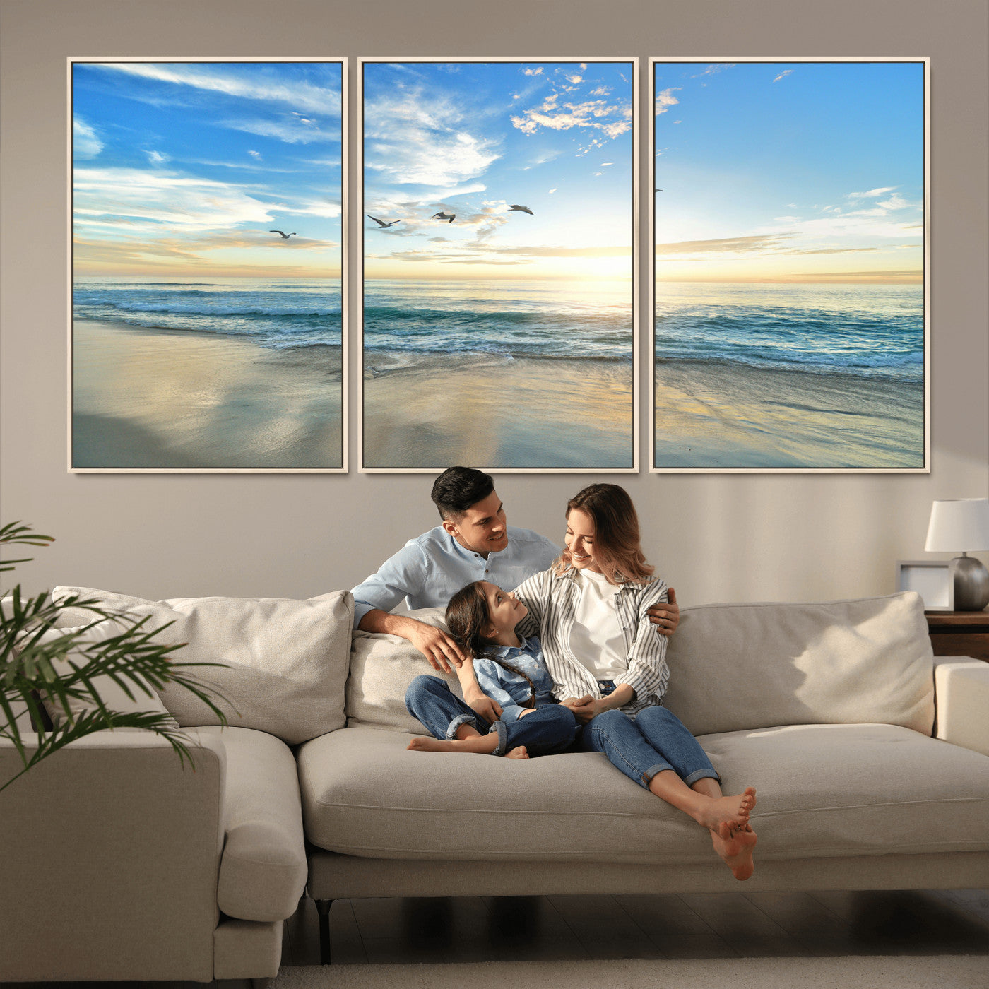 20708696-MGV-FC-60X30-3P_Natural-Minimalist Seaside Wall Art Canvas Print, Framed Morning Glow Art Picture Print, Golden Reflections Perfect Coastal Minimalist