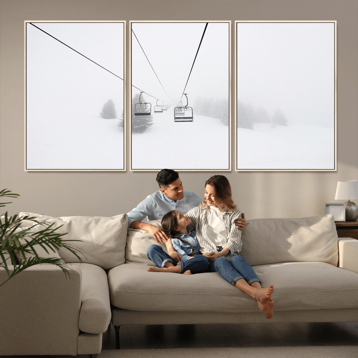 20216390-MGV-CV-36X24-Ski Lift Wall Art Canvas Print, Framed Snowy Landscape Art Picture Print, Alpine Adventure Perfect Nordic Minimalist Decor Artwork