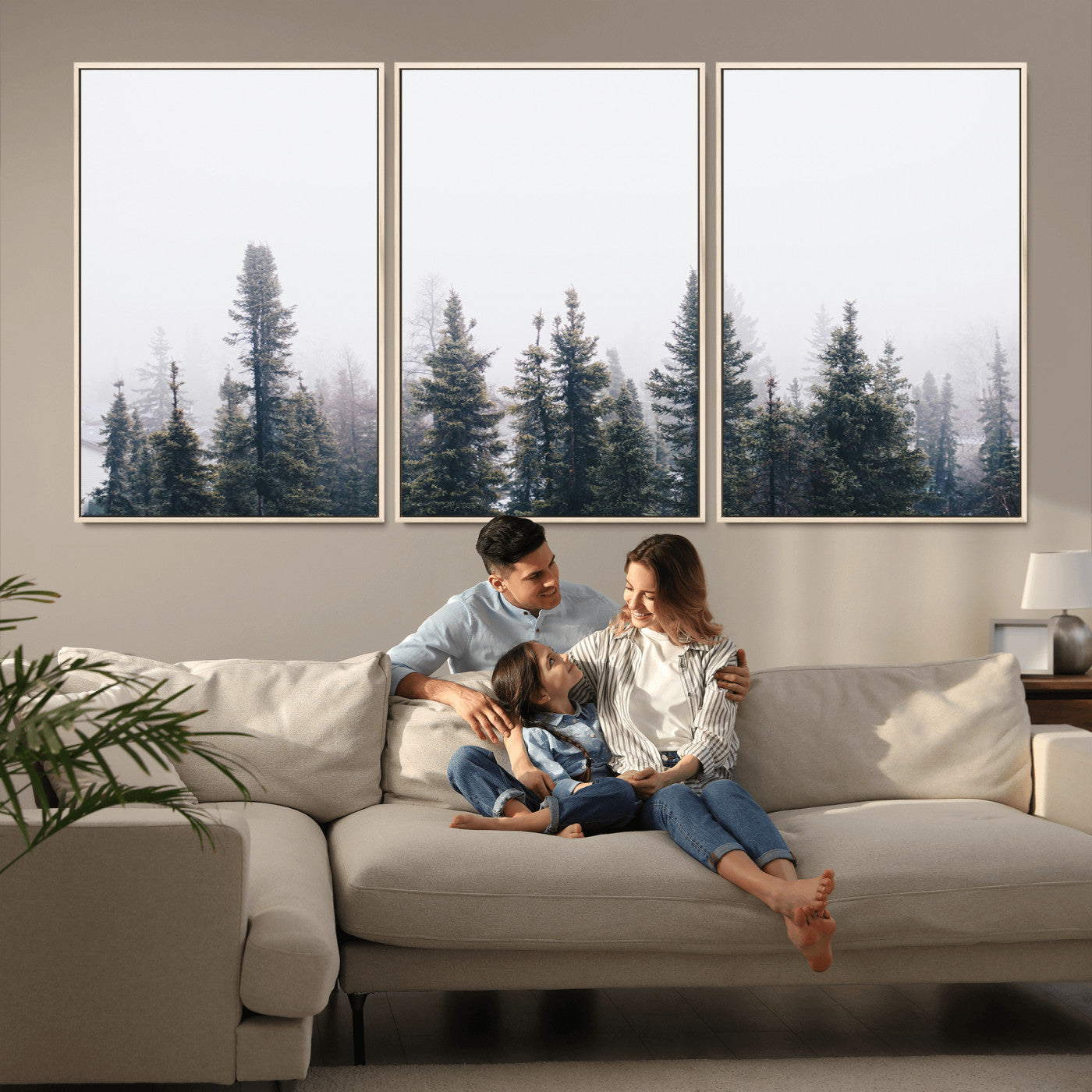 42364796-MGV-CV-36X24-Foggy Forest Wall Art Canvas Print, Framed Misty Pines Art Picture Print, Moody Woodland Perfect Scandinavian Minimalist Decor