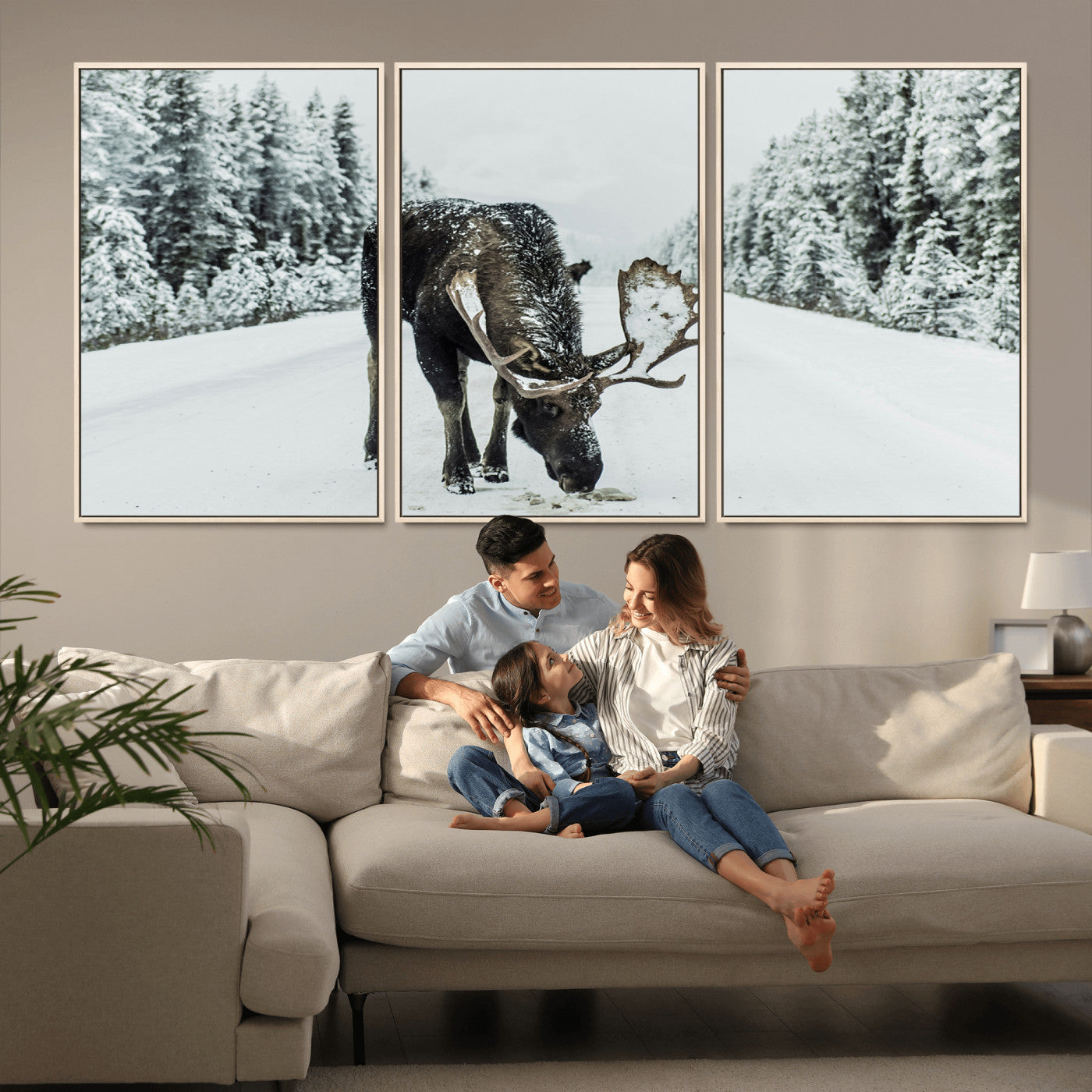 13316292-MGV-CV-36X24-Moose in Snow Wall Art Canvas Print, Framed Winter Wildlife Art Picture Print, Snowy Forest Scene Perfect Rustic Lodge Decor