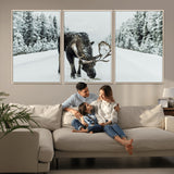 13316292-MGV-CV-36X24-Moose in Snow Wall Art Canvas Print, Framed Winter Wildlife Art Picture Print, Snowy Forest Scene Perfect Rustic Lodge Decor