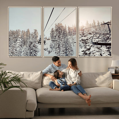91534512-MGV-CV-36X24-Frosty Pines Wall Art Canvas Print, Framed Cozy Cabin View Art Picture Print, Ski Lift Ride Perfect Rustic Lodge Decor Artwork