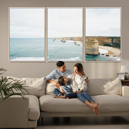 70095633-MGV-FC-60X30-3P_Natural-Twelve Apostles Wall Art Canvas Print, Framed Coastal Cliffs Art Picture Print, Rugged Rock Formations Perfect Minimalist Coastal