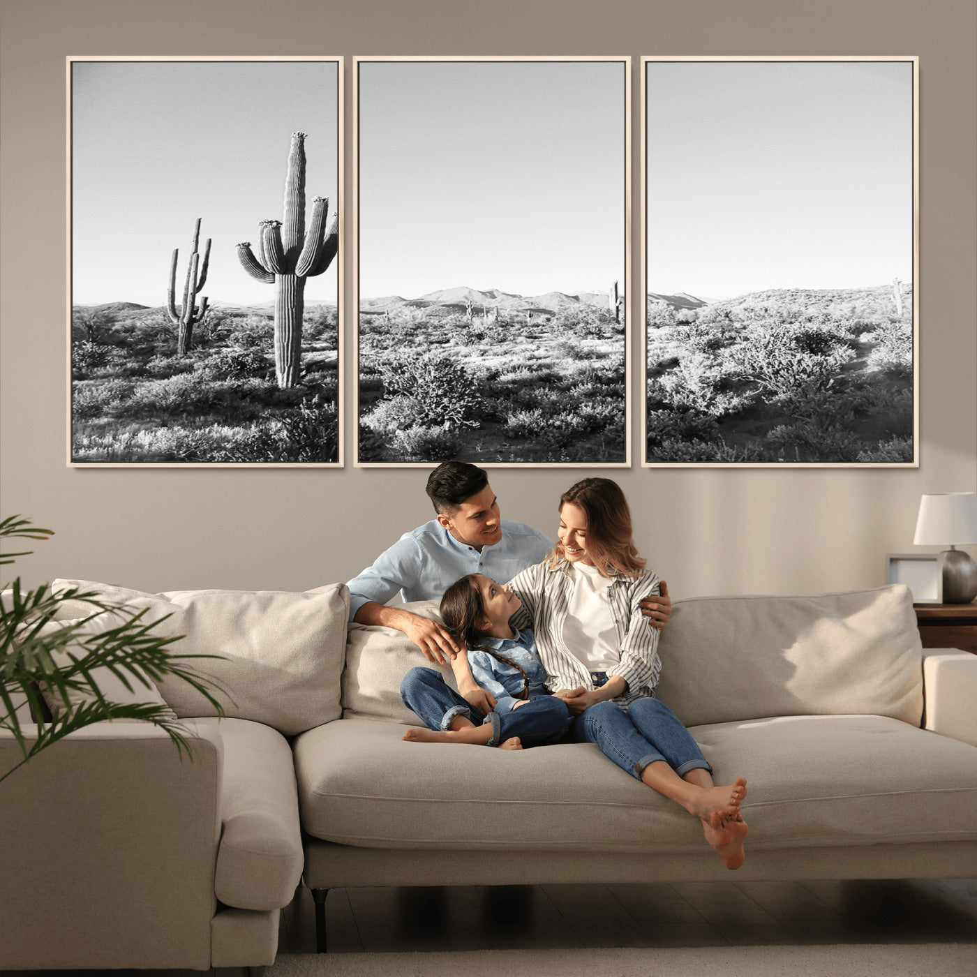 85205054-MGV-CV-36X24-Saguaro Cactus Wall Art Canvas Print, Framed Monochrome Landscape Art Picture Print, Scenic Arizona View Perfect Minimalist