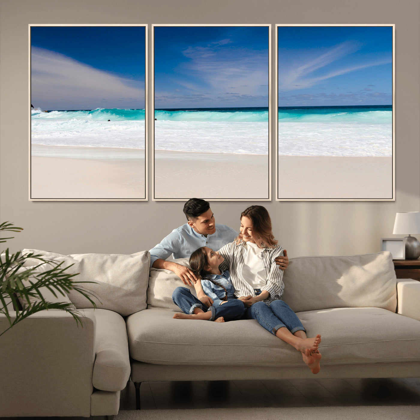 55017356-MGV-CV-36X24-Ocean Beach Wall Art – Turquoise Wave and White Sand Shoreline Canvas Print, Coastal Seascape Photography Decor for Living Room,