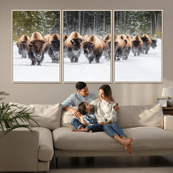 96906195-MGV-CV-36X24-Bison Herd Wall Art – American Buffalo Wildlife Photography Canvas Print, Winter Snow Scene Western Nature Decor for Living Room,
