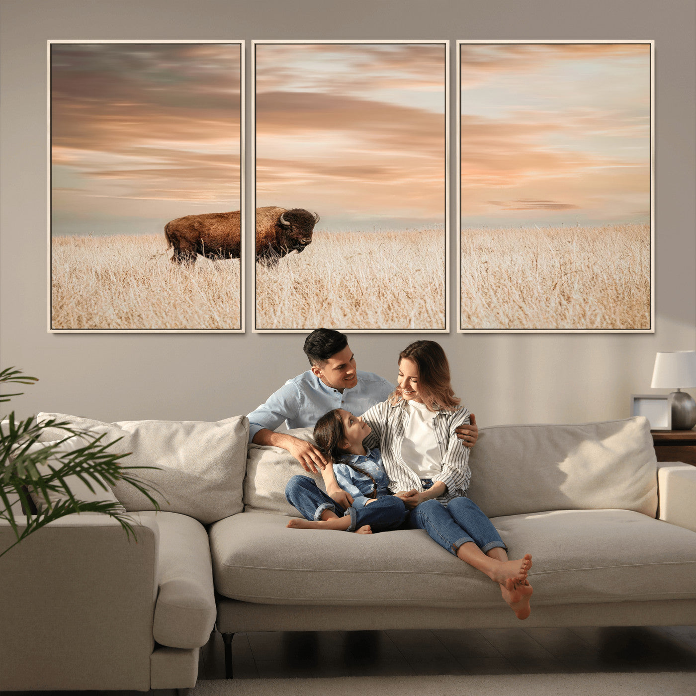 20306324-MGV-CV-36X24-Bison Wall Art – Lone American Buffalo Prairie Sunset Canvas Print, Rustic Western Wildlife Photography Decor for Living Room,