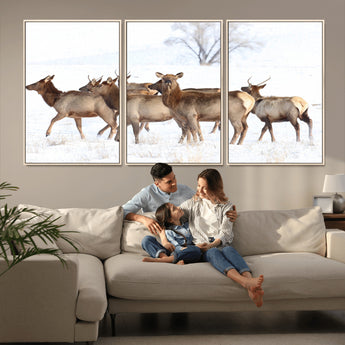 41416314-MGV-CV-36X24-Elk Wall Art – Wildlife Herd Canvas Print in Snowy Landscape, Rustic Nature Painting, Western Cabin Lodge Decor for Living Room,