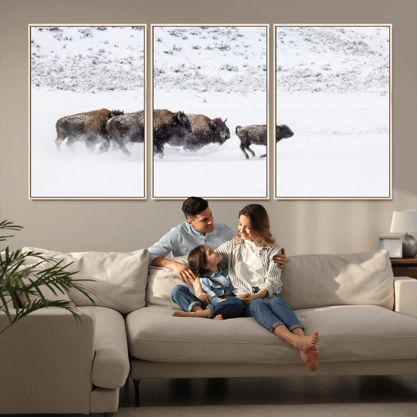 61161423-MGV-CV-36X24-Running Bison Herd Wall Art – Winter Buffalo Canvas Print, Wildlife Photography Decor for Rustic Living Room, Farmhouse, Lodge,
