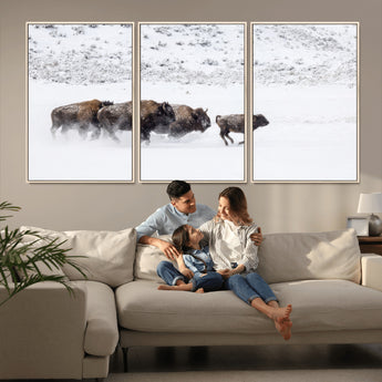 61161423-MGV-CV-36X24-Running Bison Herd Wall Art – Winter Buffalo Canvas Print, Wildlife Photography Decor for Rustic Living Room, Farmhouse, Lodge,