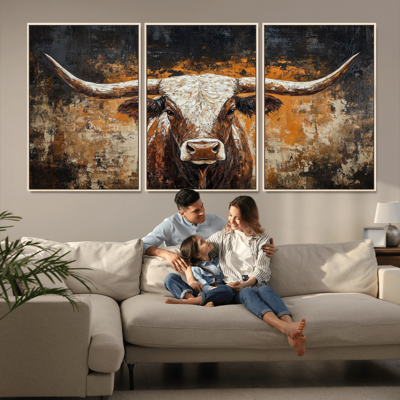25265572-MGV-CV-36X24-Longhorn Bull Wall Art – Rustic Western Texas Steer Canvas Print, Textured Animal Painting for Home, Office, Man Cave or Farmhouse