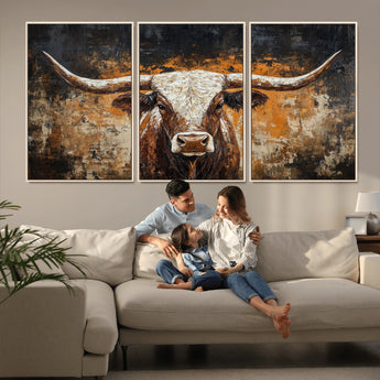 25265572-MGV-CV-36X24-Longhorn Bull Wall Art – Rustic Western Texas Steer Canvas Print, Textured Animal Painting for Home, Office, Man Cave or Farmhouse