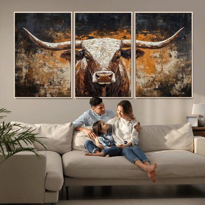 25265572-MGV-CV-36X24-Longhorn Bull Wall Art – Rustic Western Texas Steer Canvas Print, Textured Animal Painting for Home, Office, Man Cave or Farmhouse