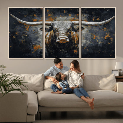 93195031-MGV-CV-36X24-Dark Longhorn Bull Wall Art – Western Steer Canvas Print, Moody Rustic Animal Painting for Man Cave, Ranch House, Office or Modern