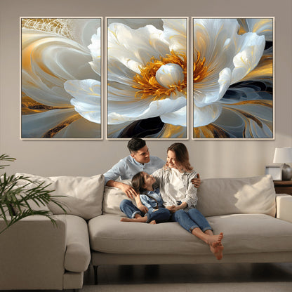 39604126-MGV-CV-36X24-Abstract Flower Wall Art – Elegant White and Gold Bloom Canvas Print, Modern Floral Artwork for Bedroom, Living Room, or Office