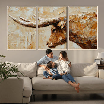69611428-MGV-CV-36X24-Longhorn Bull Wall Art – Rustic Western Canvas Print, Textured Farmhouse Cattle Painting for Living Room, Office, or Ranch House