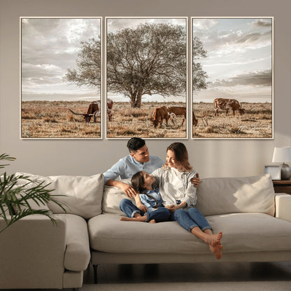 87590224-MGV-CV-36X24-Longhorn Cattle Wall Art – Rustic Western Landscape Canvas Print, Texas Farmhouse Prairie Scene for Living Room, Office, or Ranch