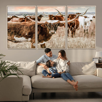 47758300-MGV-CV-36X24-Texas Longhorn Cattle Wall Art – Rustic Western Herd Canvas Print, Cowboy Ranch Farmhouse Decor for Living Room, Office, or