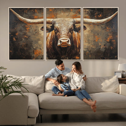 19204445-MGV-CV-36X24-Texas Longhorn Bull Wall Art – Rustic Western Canvas Print, Bold Cowboy Cattle Painting for Ranch House, Farmhouse, Office, or
