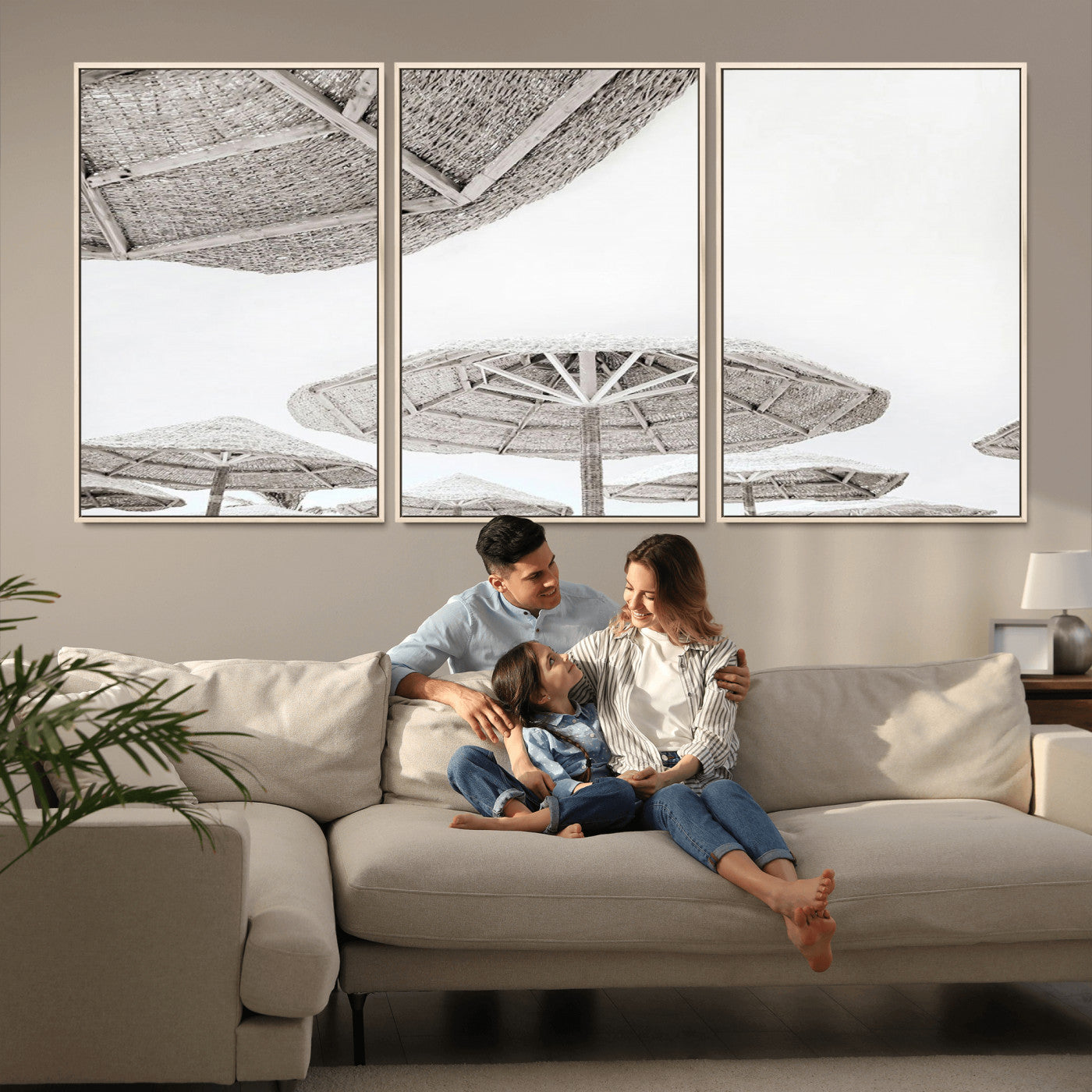 97043123-MGV-CV-36X24-Beach Umbrella Wall Art – Minimalist Coastal Canvas Print, Woven Parasol Summer Decor for Bedroom, Living Room, or Modern Beach