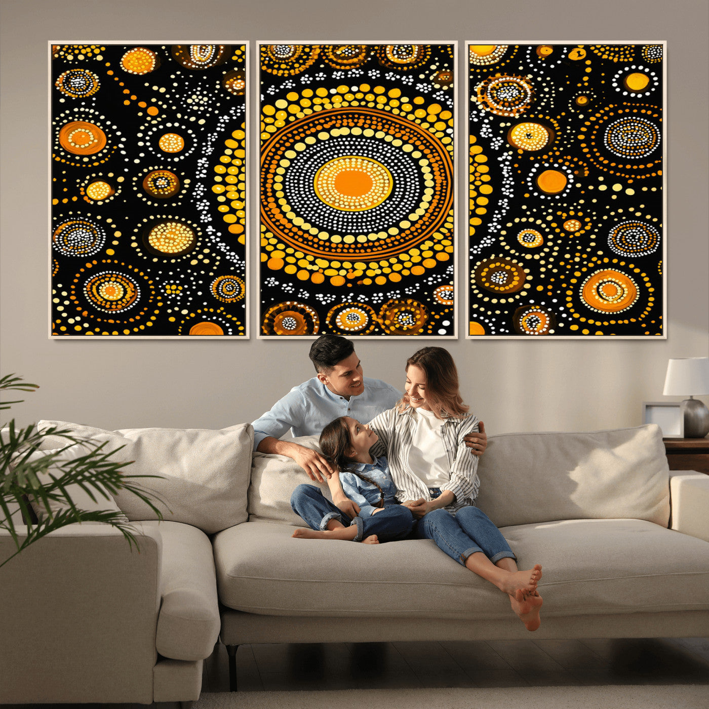 45478523-MGV-CV-36X24-Abstract Circle Wall Art – Bold Black and Gold Dot Painting Canvas Print, Modern Geometric Mandala Style Decor for Living Room or