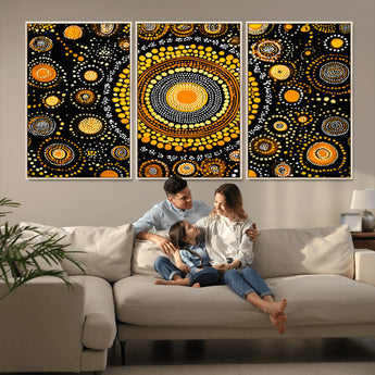 45478523-MGV-CV-36X24-Abstract Circle Wall Art – Bold Black and Gold Dot Painting Canvas Print, Modern Geometric Mandala Style Decor for Living Room or