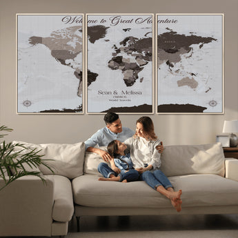 43749658-MGV-CV-36X24-Welcome to Great Adventure World Map Wall Art – Charcoal Gray Canvas Print, Rustic Travel Decor for Living Room, Study, Office or