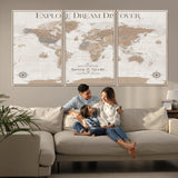 63516865-MGV-CV-36X24-Explore Dream Discover World Map Wall Art – Inspirational Travel Adventure Canvas Print, Neutral Parchment Style Explorer Decor