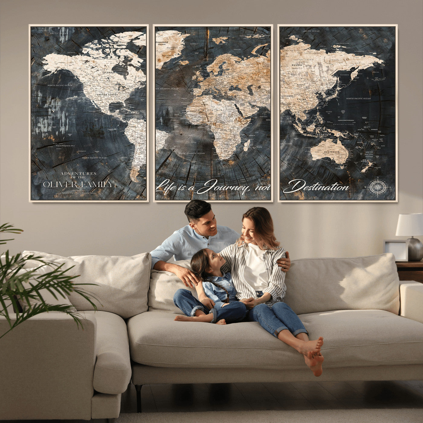 37848568-MGV-CV-36X24-Life is a Journey Not a Destination World Map Rustic Wood Texture Vintage Beige Navy Adventure Wall Art Canvas Print for Home