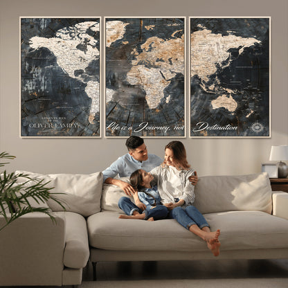 37848568-MGV-CV-36X24-Life is a Journey Not a Destination World Map Rustic Wood Texture Vintage Beige Navy Adventure Wall Art Canvas Print for Home