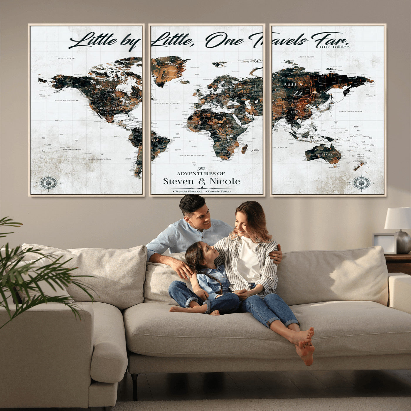 88337180-MGV-CV-36X24-Little by Little One Travels Far Tolkien Quote World Map Rustic Black Brown Adventure Wall Art Canvas Print for Home Office Living