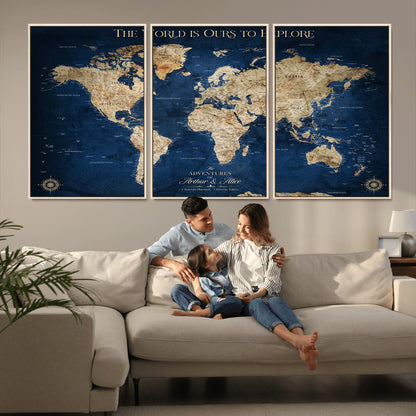 54782997-MGV-CV-36X24-The World is Ours to Explore Wall Art – Blue World Map Canvas Print, Adventure Travel Decor for Home, Office or Living Room,
