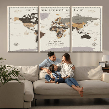 38723540-MGV-CV-36X24-Adventures of the Oliver Family Wall Art – Earth Tone World Map Canvas Print, Minimalist Travel Decor for Living Room, Bedroom or
