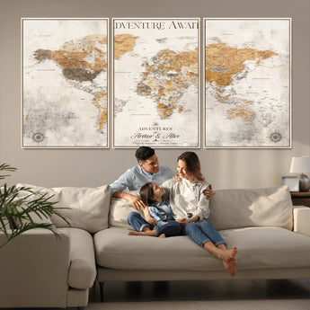99422096-MGV-CV-36X24-Adventure Awaits World Map Wall Art – Neutral Beige Canvas Print, Modern Travel Inspired Wall Decor for Living Room, Bedroom or