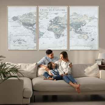 94249974-MGV-CV-36X24-Ours Explore World Map Wall Art – Modern Travel Canvas Print, Neutral Adventure Decor for Living Room, Office, Study, Bedroom,