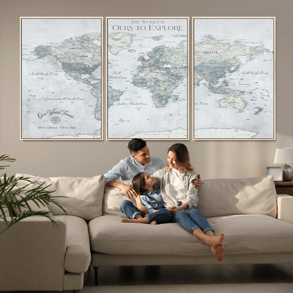 94249974-MGV-CV-36X24-Ours Explore World Map Wall Art – Modern Travel Canvas Print, Neutral Adventure Decor for Living Room, Office, Study, Bedroom,