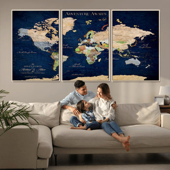 43160428-MGV-CV-36X24-Adventure Awaits Navy Blue World Map – Vibrant Travel Canvas Wall Art, Antique Atlas Print, Wanderlust Decor for Home Office