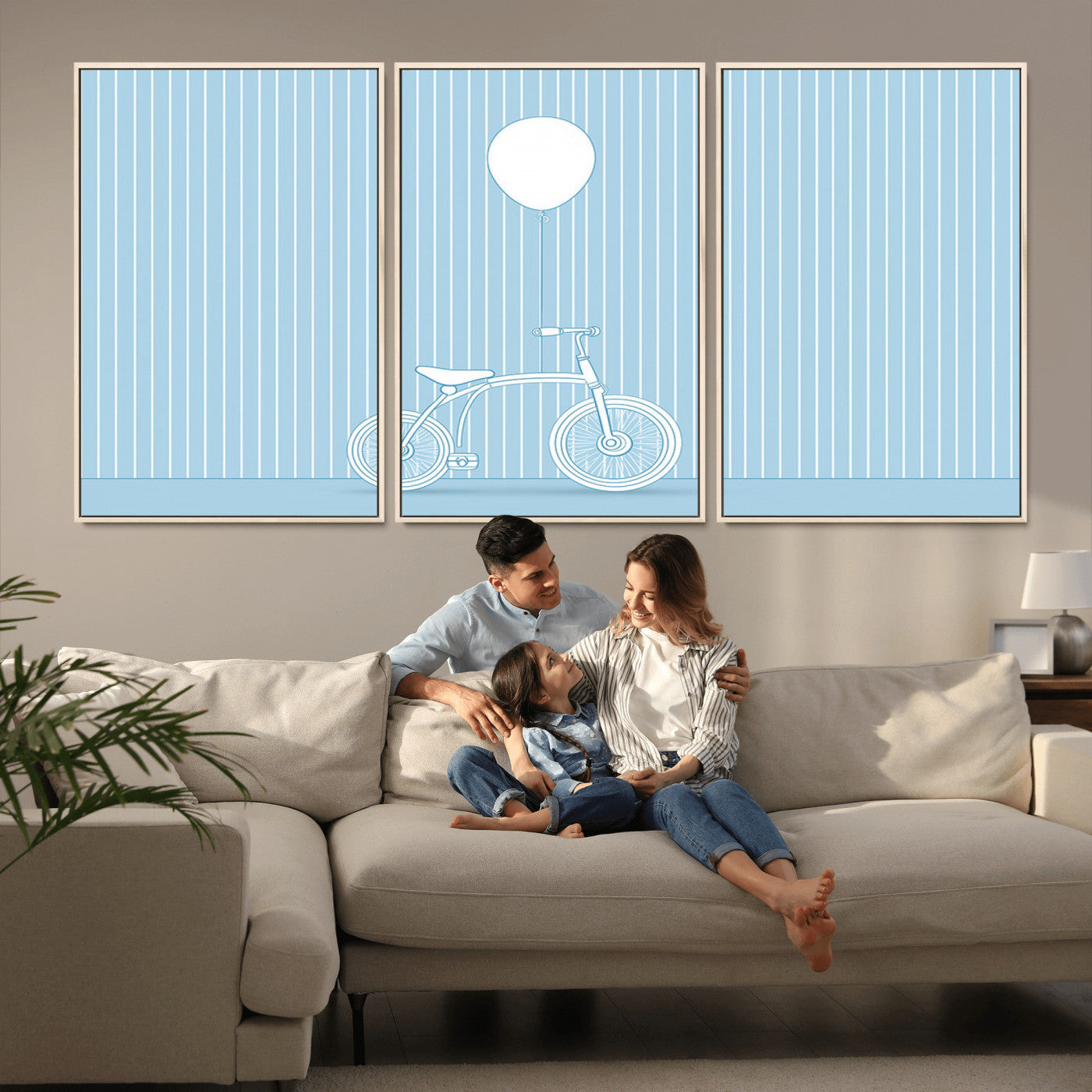 56479838-MGV-CV-36X24-Bicycle Wall Art – Minimalist Blue Canvas Print with Balloon Illustration, Modern Decor Artwork for Kids Room, Nursery, or Living