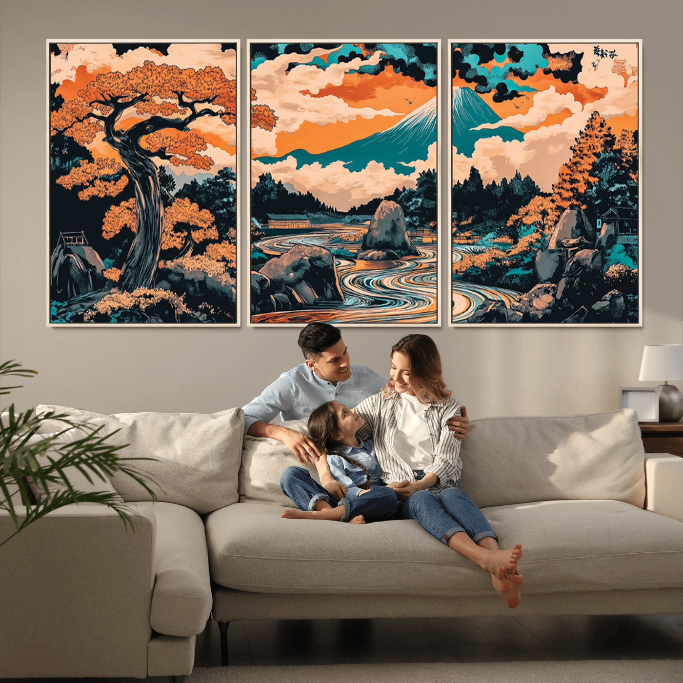 21638941-MGV-CV-36X24-Japanese Landscape Wall Art – Mount Fuji and Flowing River Ukiyo-e Style Canvas Print, Traditional Japan Inspired Artwork for