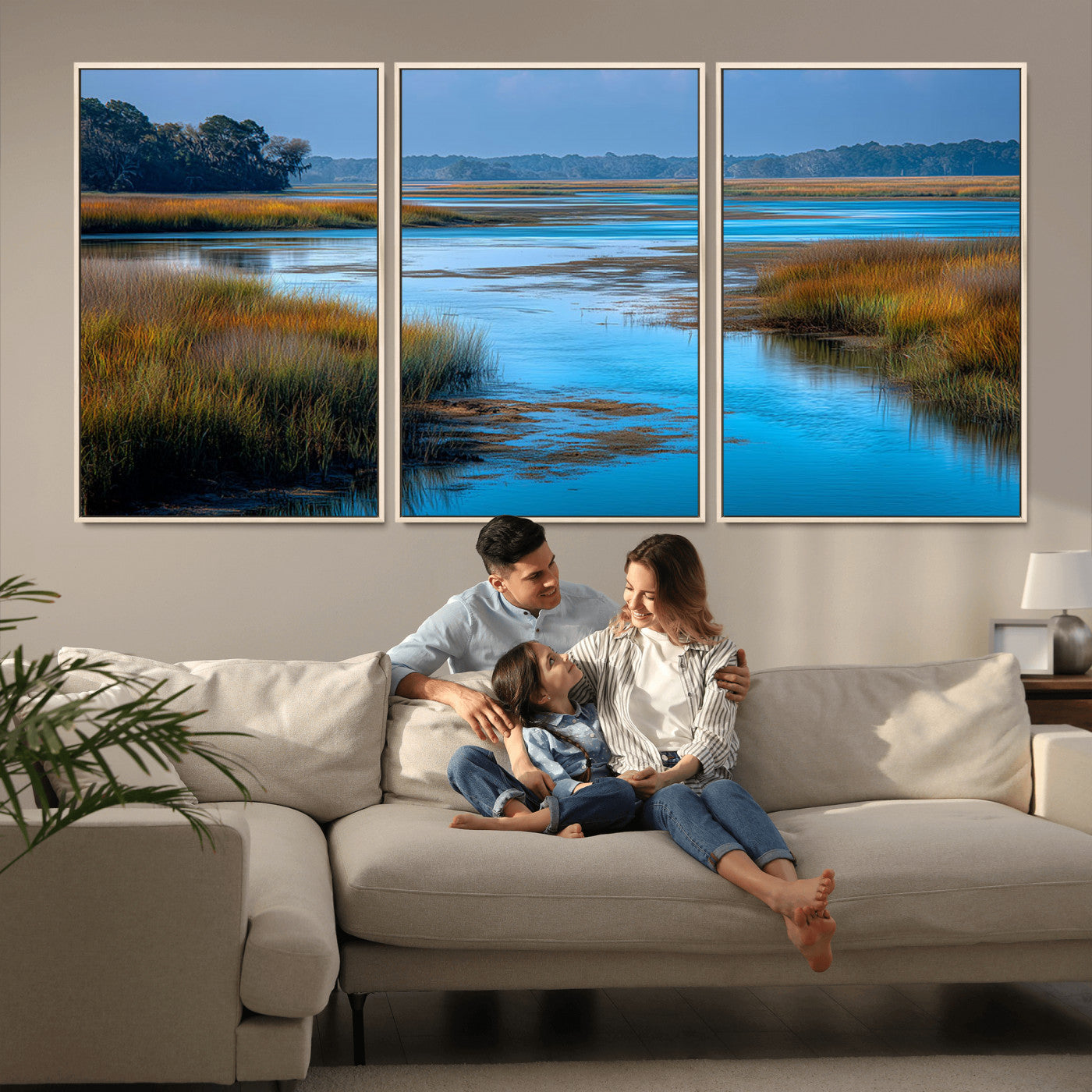26300004-MGV-FC-60X30-3P_Natural-Tranquil Marshland Canvas Wall Art – Blue Water, Reflective Sky, Golden Grasses, Calm Nature Landscape, Scenic Outdoor Beauty for