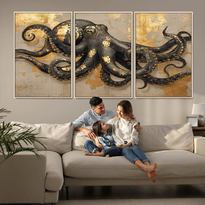 57944271-MGV-CV-36X24-Octopus Wall Art – Black and Gold Nautical Canvas Print, Modern Ocean Inspired Artwork with Elegant Detailing, Coastal Marine