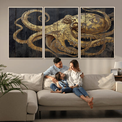 47056538-MGV-FC-60X30-3P_Natural-Octopus Canvas Wall Art – Gold Detail, Wooden Texture, Marine Life, Ocean Creature Tentacles, Nautical Coastal Rustic Decor for