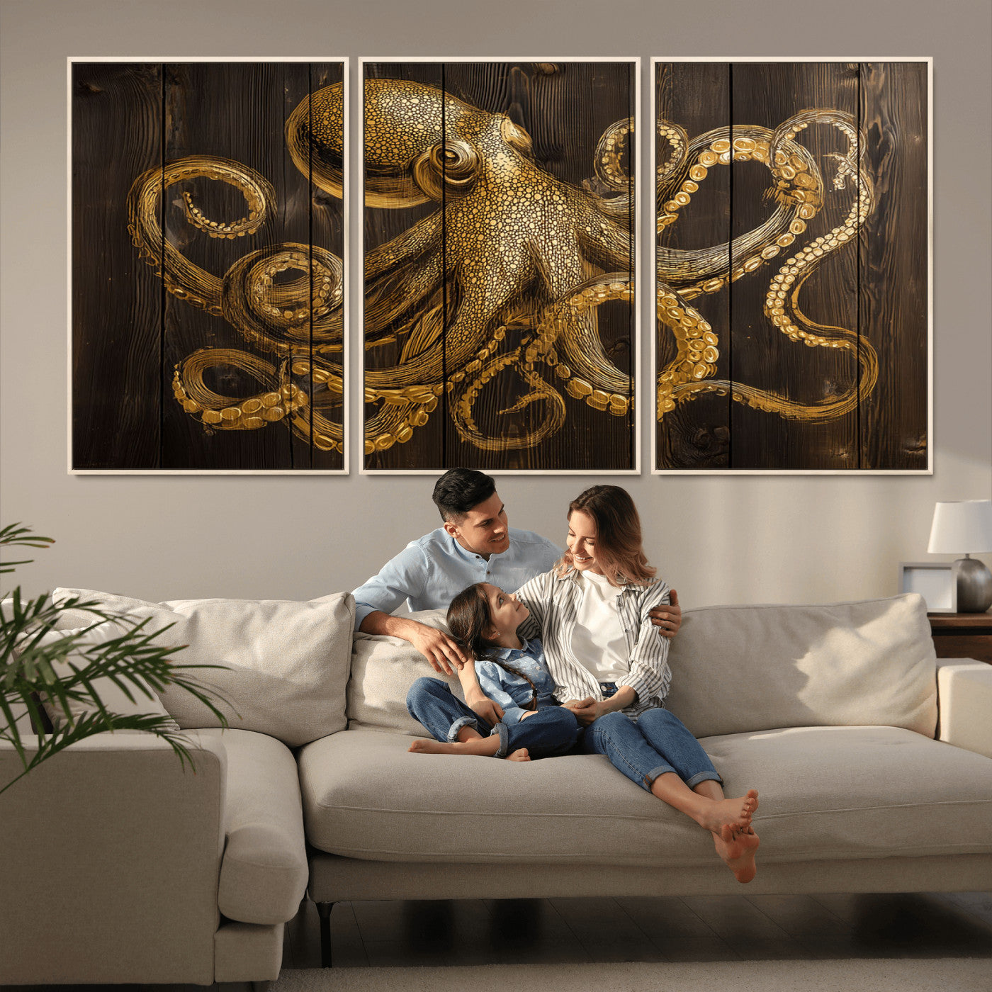 56769669-MGV-CV-36X24-Octopus Wall Art – Gold Nautical Canvas Print with Rustic Wood Panel Design, Detailed Marine Artwork for Coastal Ocean Decoration