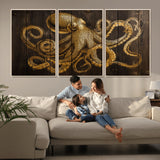 56769669-MGV-CV-36X24-Octopus Wall Art – Gold Nautical Canvas Print with Rustic Wood Panel Design, Detailed Marine Artwork for Coastal Ocean Decoration