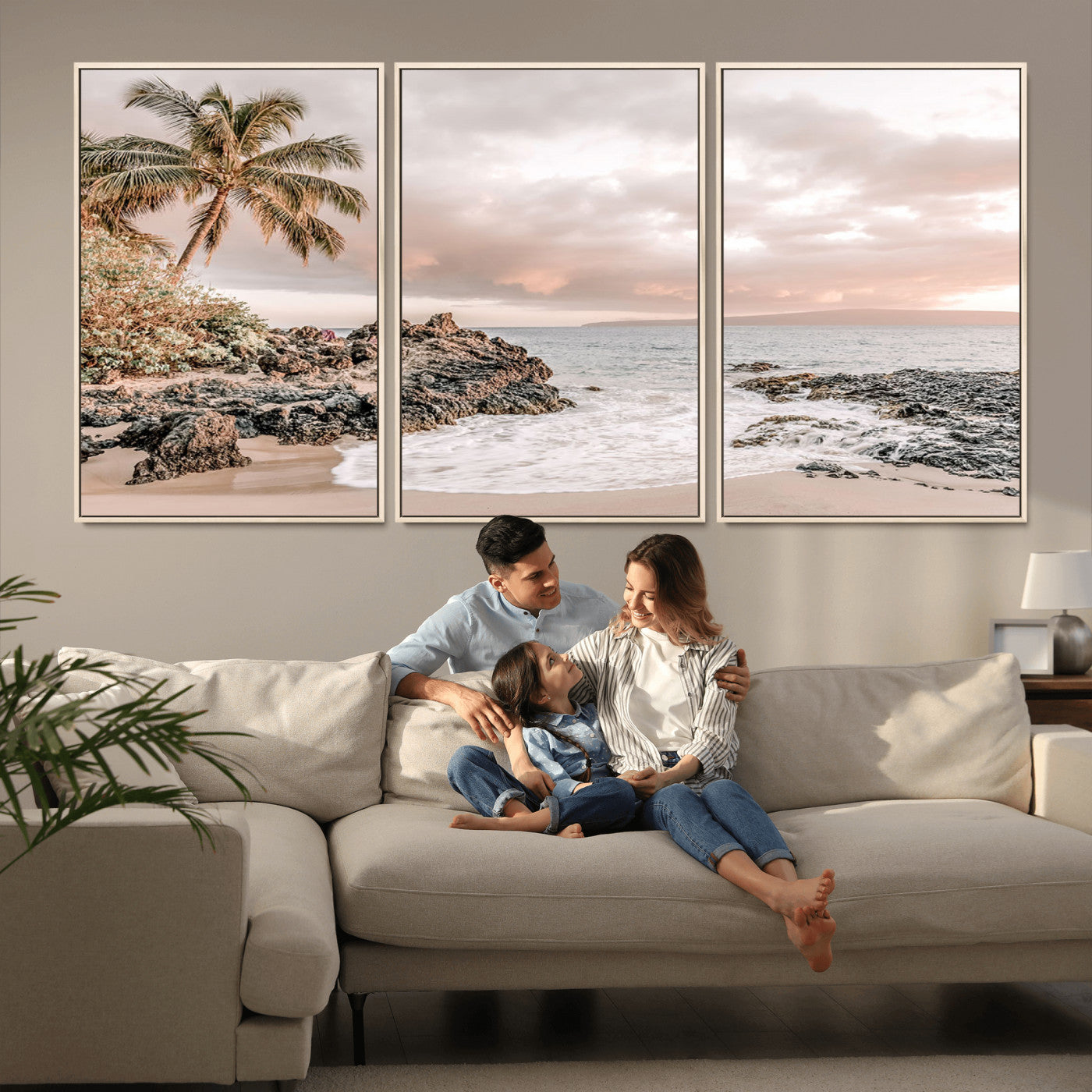 18005328-MGV-CV-36X24-Tropical Beach Wall Art – Coastal Ocean Canvas Print with Palm Tree, Sunset Sky and Rocky Shore, Serene Seascape Photography for