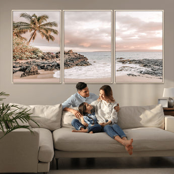 18005328-MGV-CV-36X24-Tropical Beach Wall Art – Coastal Ocean Canvas Print with Palm Tree, Sunset Sky and Rocky Shore, Serene Seascape Photography for