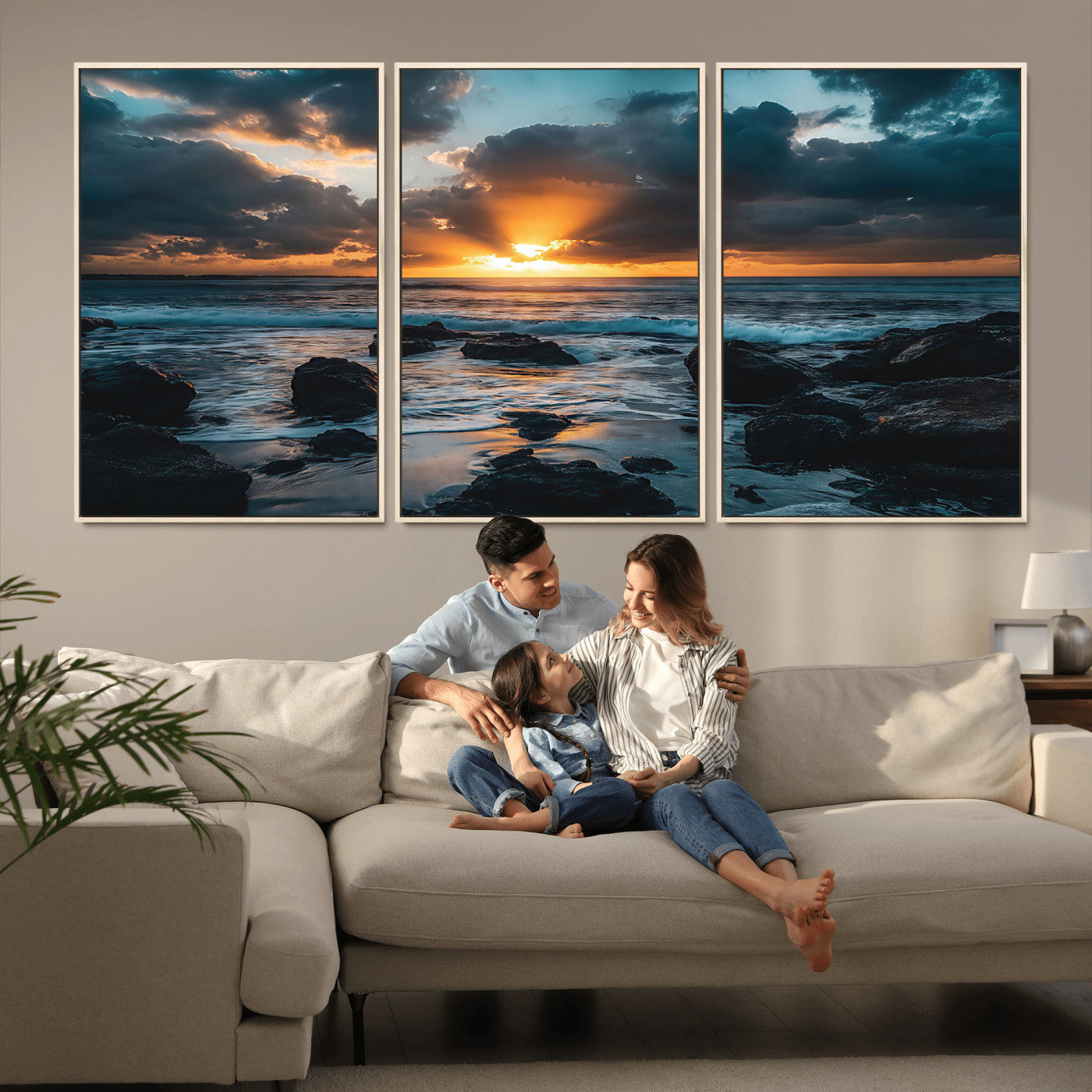 66040852-MGV-FC-60X30-3P_Natural-Ocean Sunset Canvas Wall Art – Rocky Shore Waves, Dramatic Clouds, Golden Sun Rays, Coastal Nature, Serene Water Reflection for