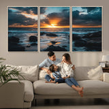 66040852-MGV-FC-60X30-3P_Natural-Ocean Sunset Canvas Wall Art – Rocky Shore Waves, Dramatic Clouds, Golden Sun Rays, Coastal Nature, Serene Water Reflection for