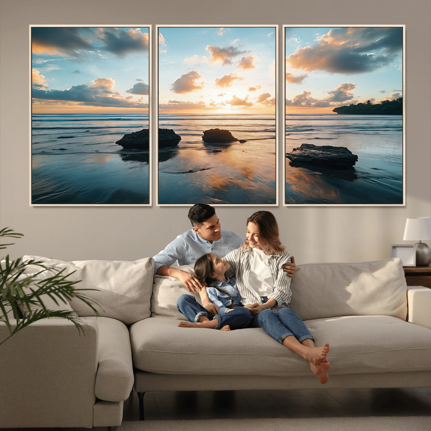 23879436-MGV-FC-60X30-3P_Natural-Rocky Ocean Sunset Canvas Wall Art – Seaside Dramatic Seascape, Ocean Sunset Art Print for Coastal Modern Decor for Nature