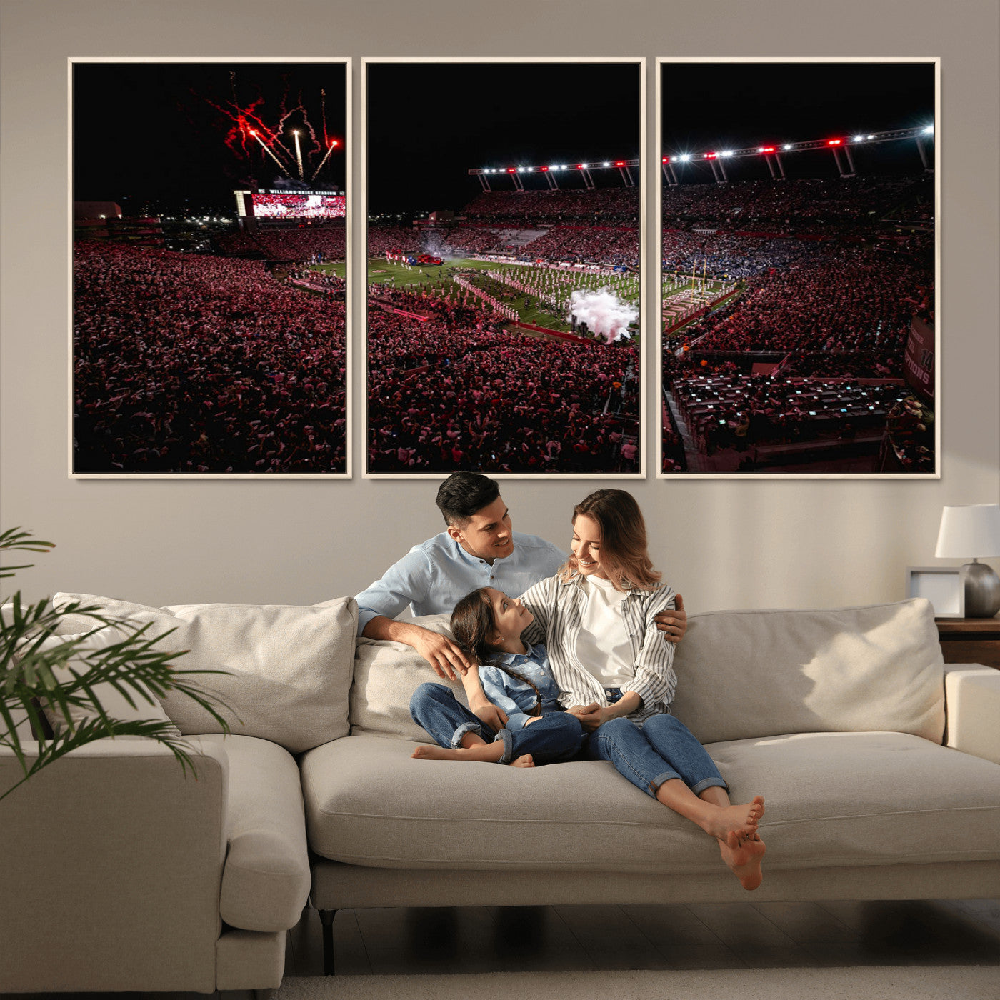 60690191-MGV-CV-36X24-Stadium Wall Art – Night Game Football Canvas Print with Fireworks, Marching Band and Crowd, Panoramic Sports Photography for Man